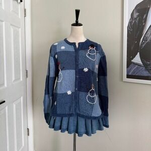 Vintage hand embroidered blue and white patchwork cardigan with snowflake